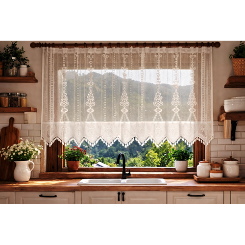Buldan Tül Perde El İşi Dantelli Naturel Makrome Palmiye Desen(200x150)