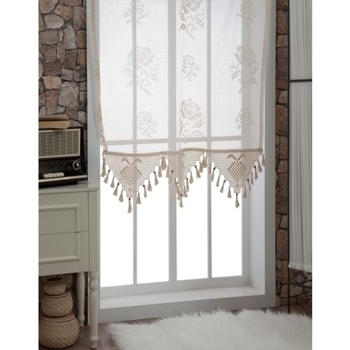 Buldan Tül Perde El İşi Dantelli Naturel Gül Çiçek Desen(130x330)