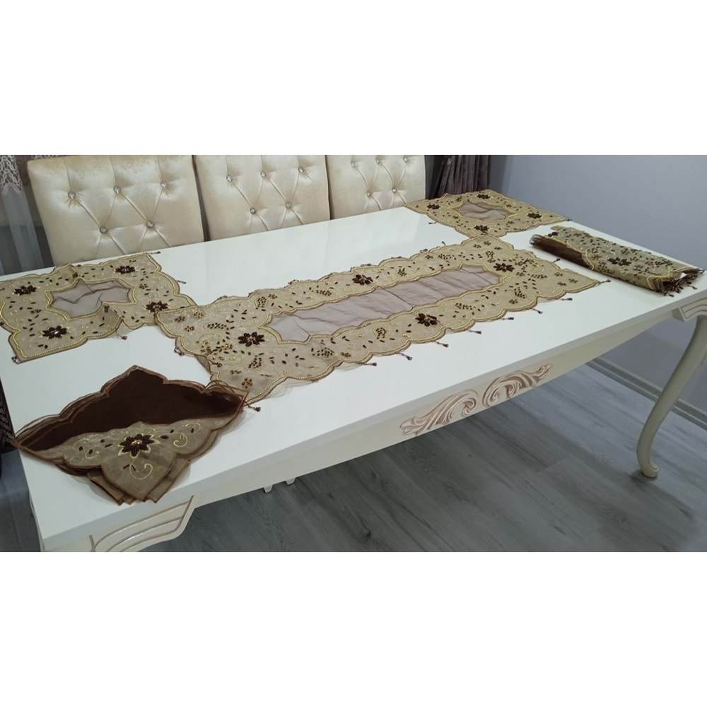 Otantik Pul boncuk Ve Tül İşleme 16 Parça Oda Takımı Kahve
