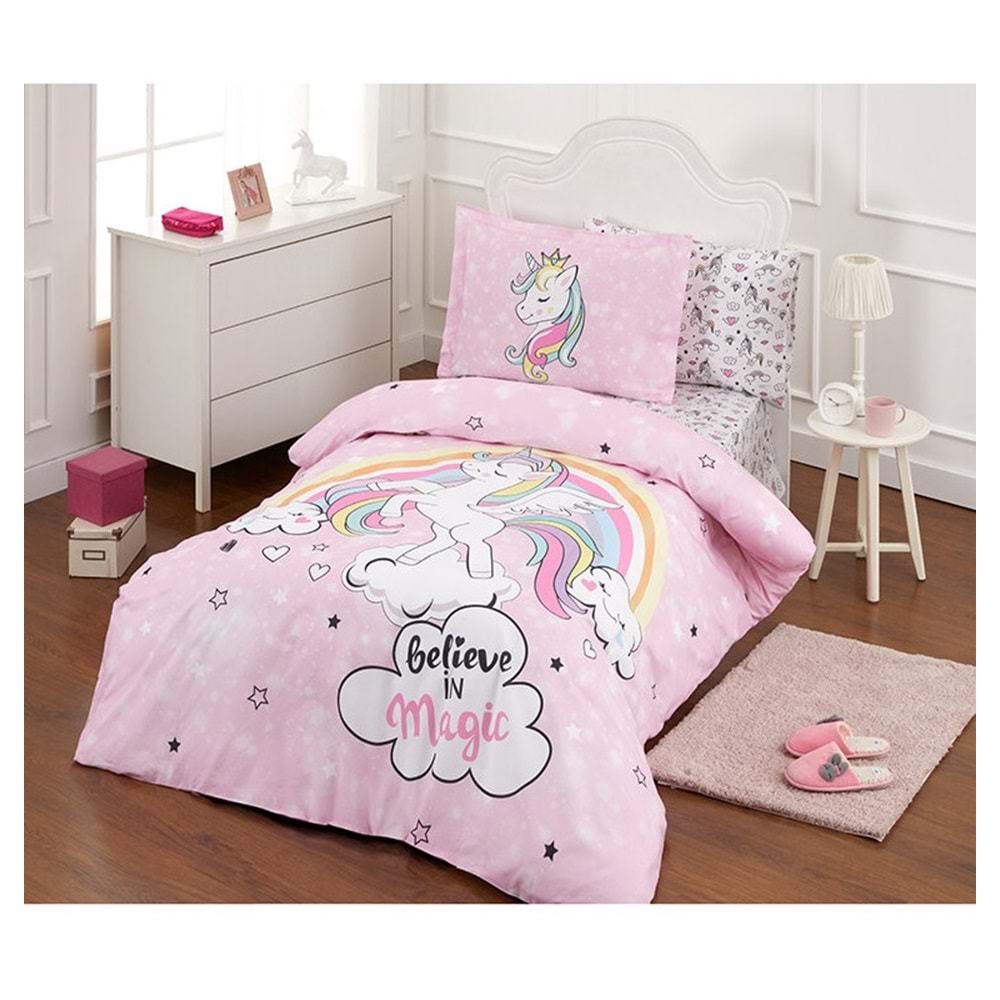 Özdilek Ranforce Lastikli Çarşaflı Tek Kişilik Çocuk Nevresim Takımı-Unicorn Pembe