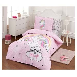 Özdilek Ranforce Lastikli Çarşaflı Tek Kişilik Çocuk Nevresim Takımı-Unicorn Pembe