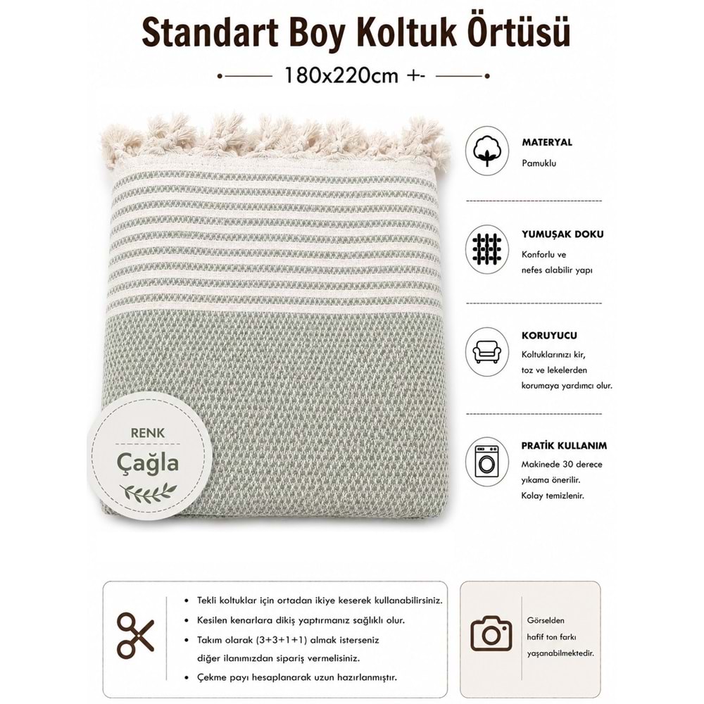 Mandaş Pamuklu Kaymaz Hasır Dokuma Koltuk Örtüsü (180x220)-Çağla