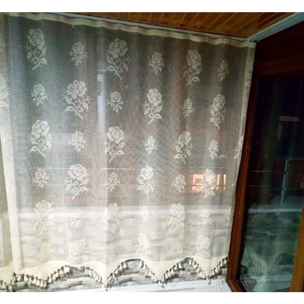 Buldan Tül Perde El İşi Dantelli Naturel Gül Çiçek Desen(190x100)