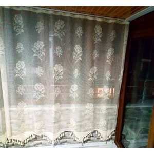 Buldan Tül Perde El İşi Dantelli Naturel Gül Çiçek Desen(190x100)