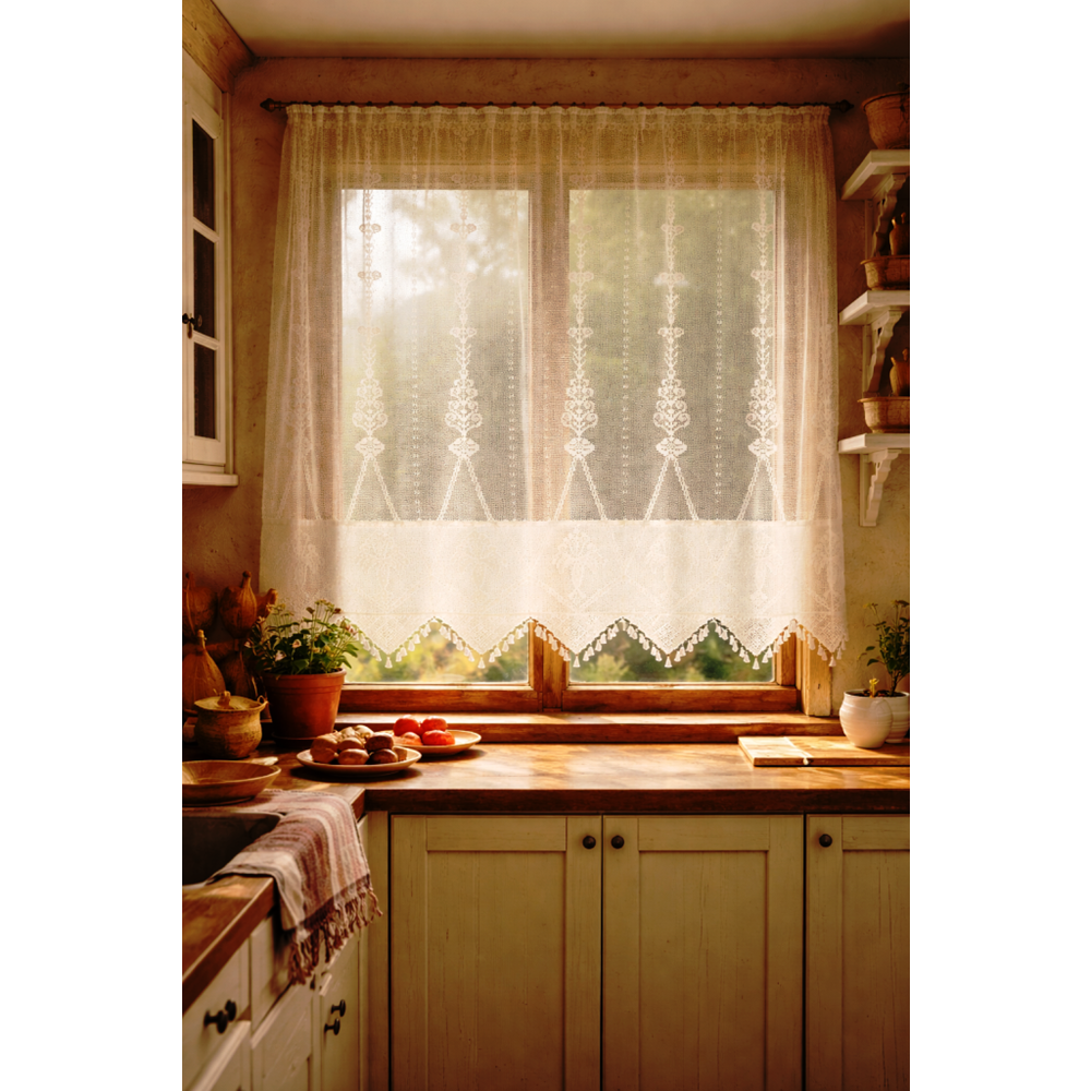 Buldan Tül Perde El İşi Dantelli Naturel Makrome Palmiye Desen(100x190)