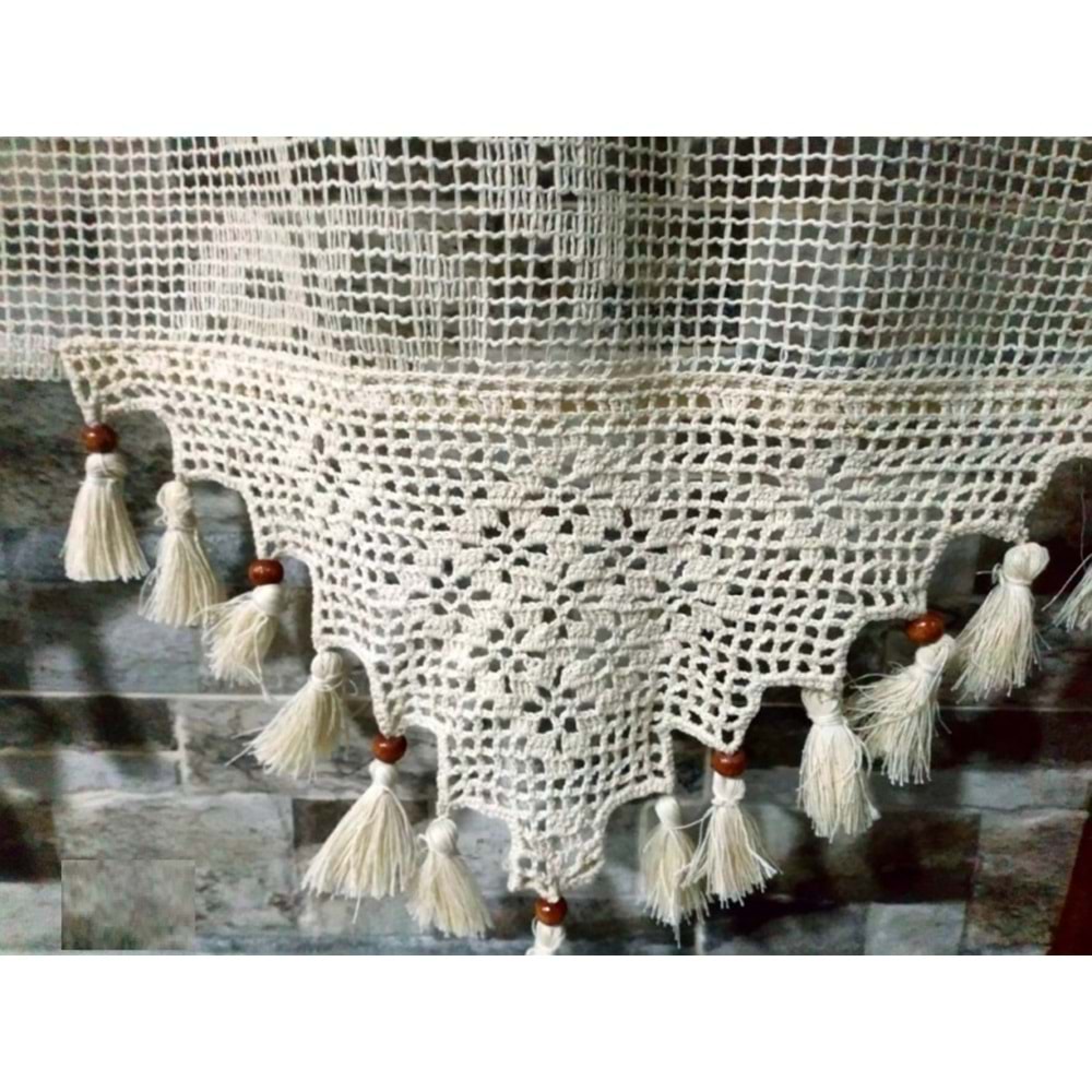 Buldan Tül Perde El İşi Dantelli Naturel Gül Çiçek Desen(150x150)