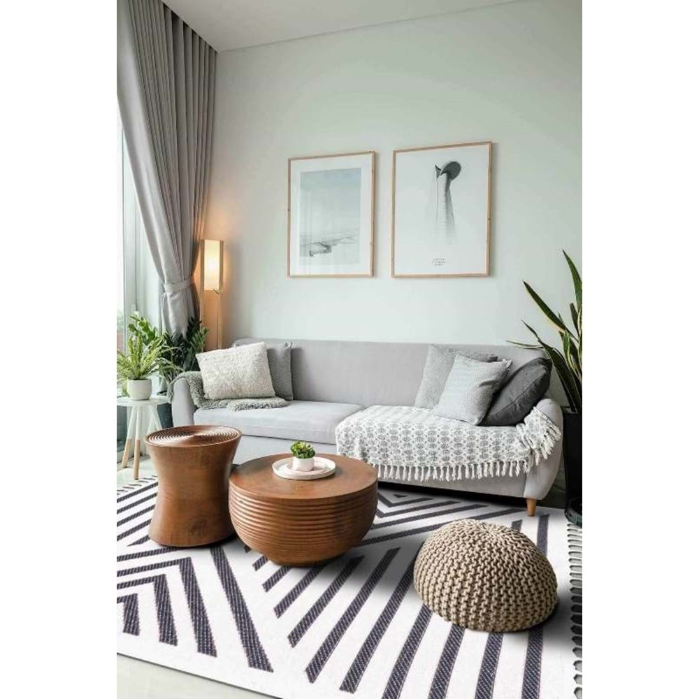 Mandaş Halı Bohem BH02 Dark Grey İskandinav Desenli Kaydırmaz Saçaklı Pamuklu Kilim - 80X150CM