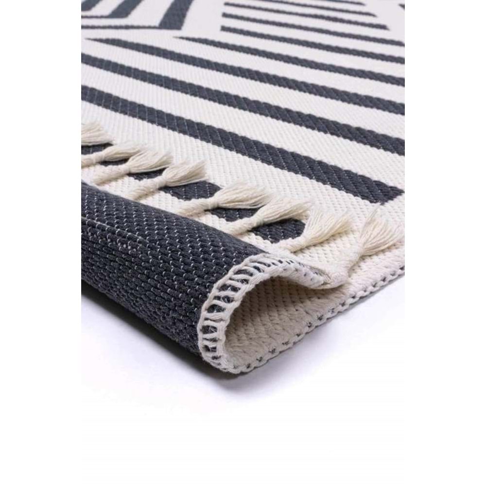 Mandaş Halı Bohem BH02 Dark Grey İskandinav Desenli Kaydırmaz Saçaklı Pamuklu Kilim - 80X150CM