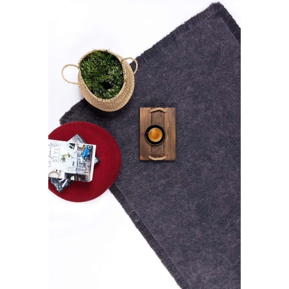 Mandaş Halı Rustik RS01 Anthracite Dört Tarafı Saçaklı Pamuklu Yıkanabilir Kilim