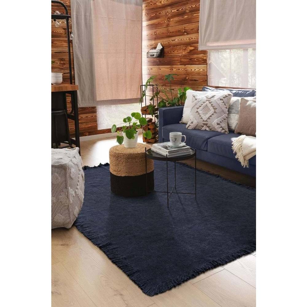 Mandaş Halı Rustik RS01 Blue Dört Tarafı Saçaklı Pamuklu Yıkanabilir Kilim - 120X180CM