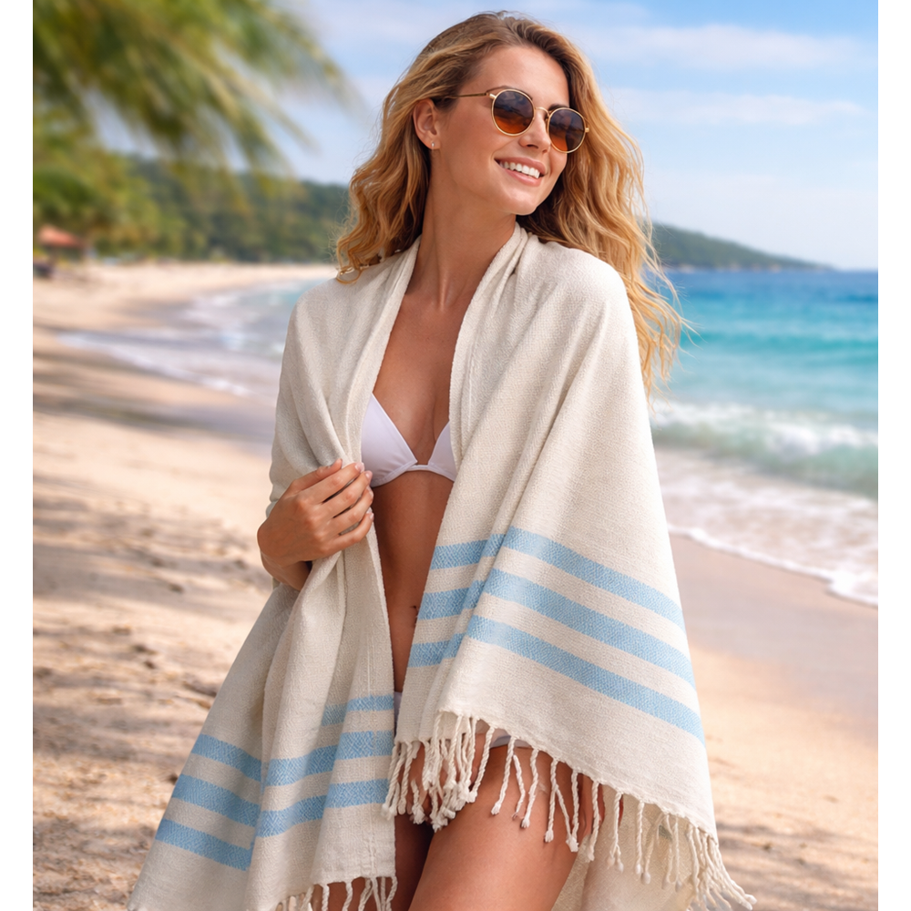 Mandaş Yeni Sezon Pamuklu El Dokuma Peştemal (90x170) Mavi Çizgili