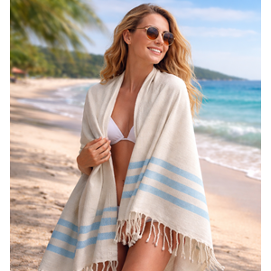 Mandaş Yeni Sezon Pamuklu El Dokuma Peştemal (90x170) Mavi Çizgili