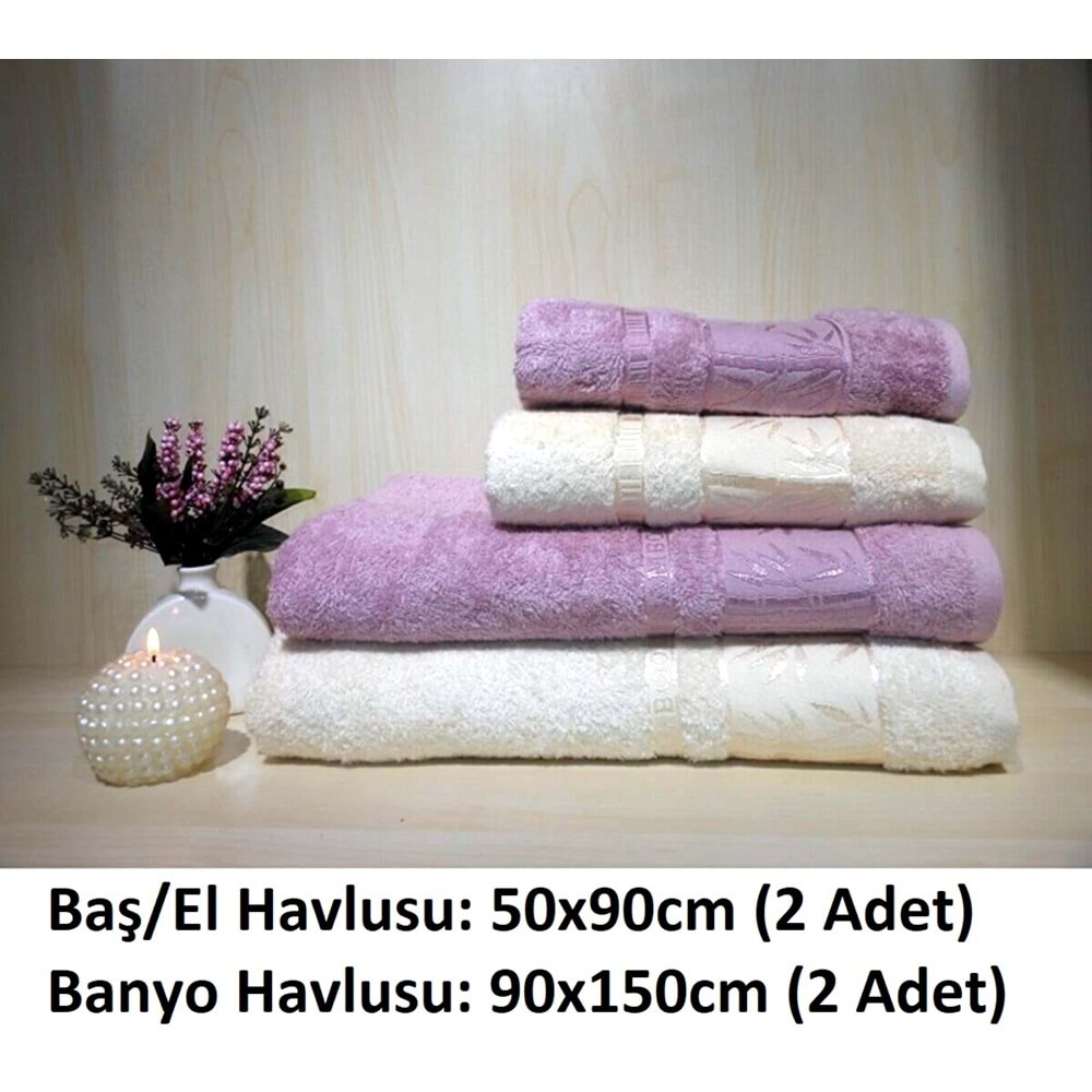 Polo Life 4 Parça Bamboo Hamam Seti, Banyo Havlu Takımı-Krem Mürdüm
