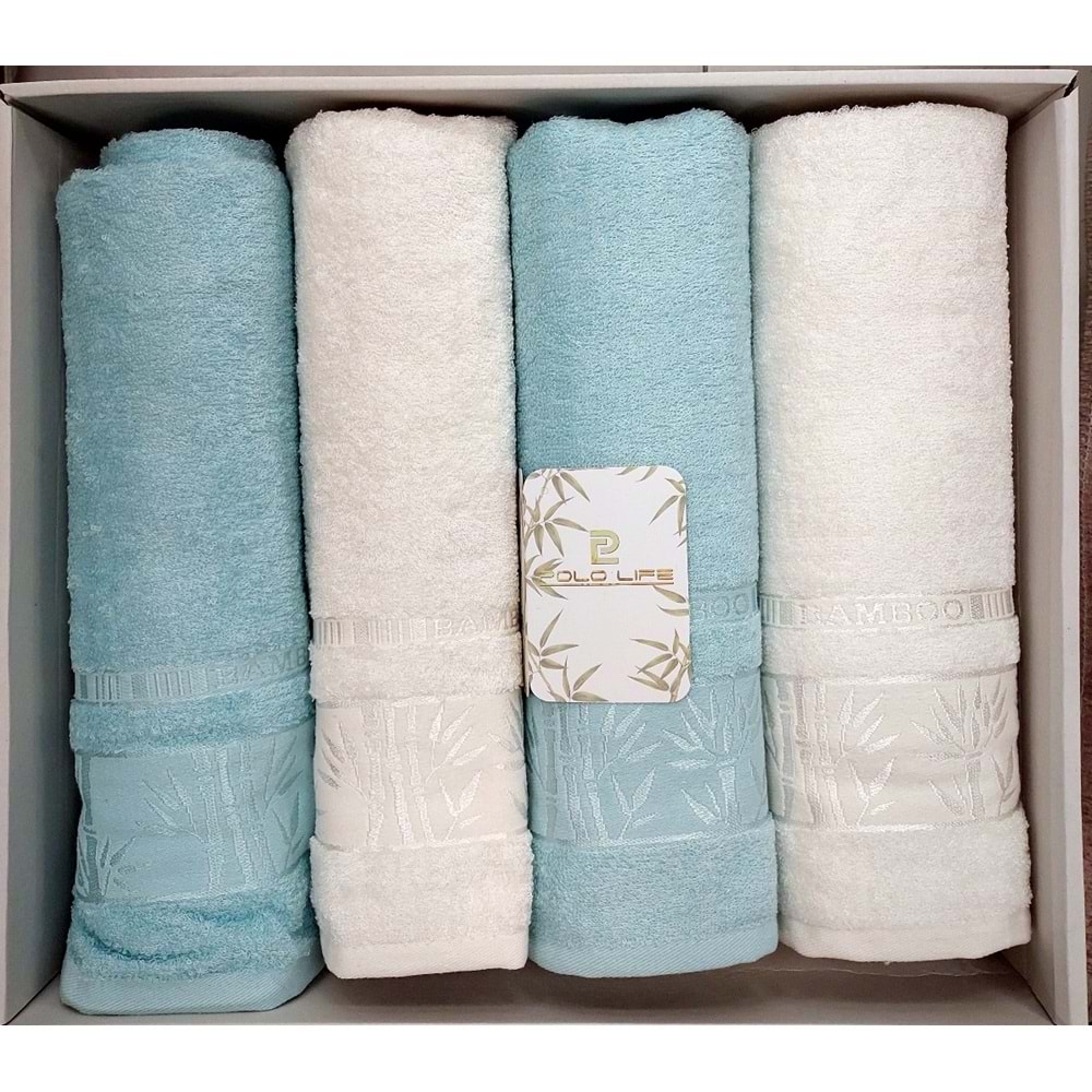 Polo Life 4 Parça Bamboo Hamam Seti (Büyük Boy), Banyo Havlu Takımı-Krem Turkuaz