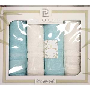 Polo Life 4 Parça Bamboo Hamam Seti (Büyük Boy), Banyo Havlu Takımı-Krem Turkuaz