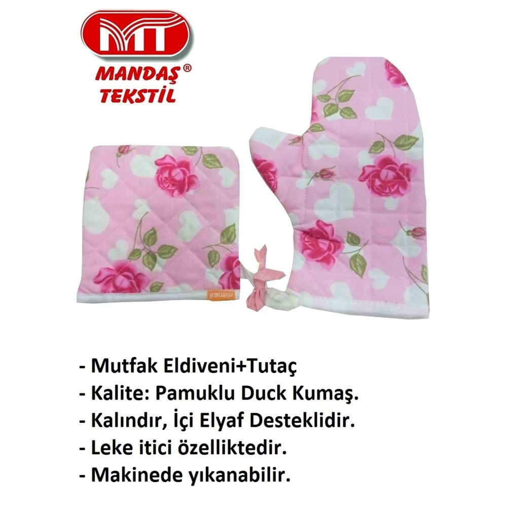 2 Parça Kalın Mutfak Eldiveni+Tutaç İçi Elyaf Destekli-v4 Gül Pembe
