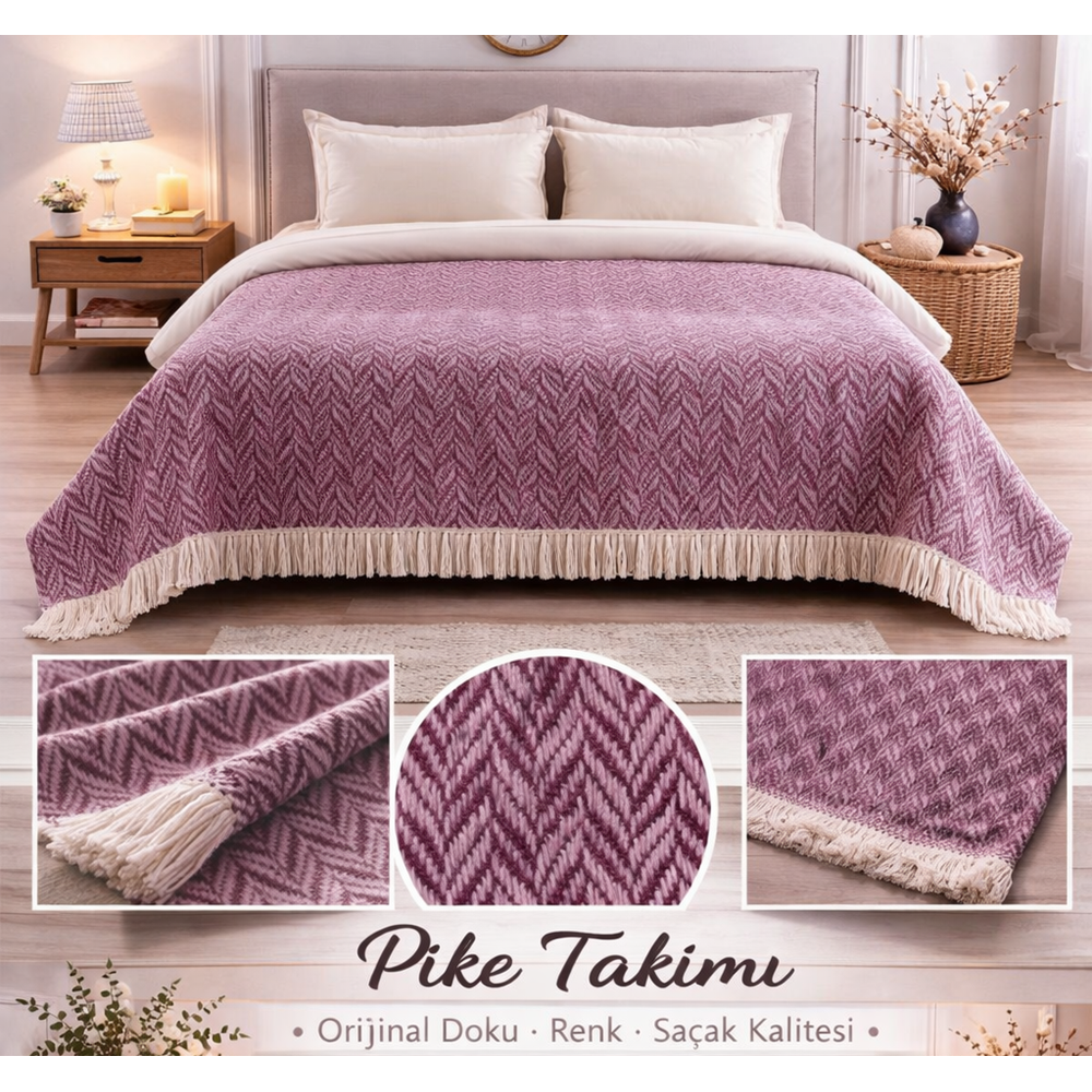 Amazon Ev Naturel Tek Kişilik Pike Takımı-mürdüm - Krem MT104