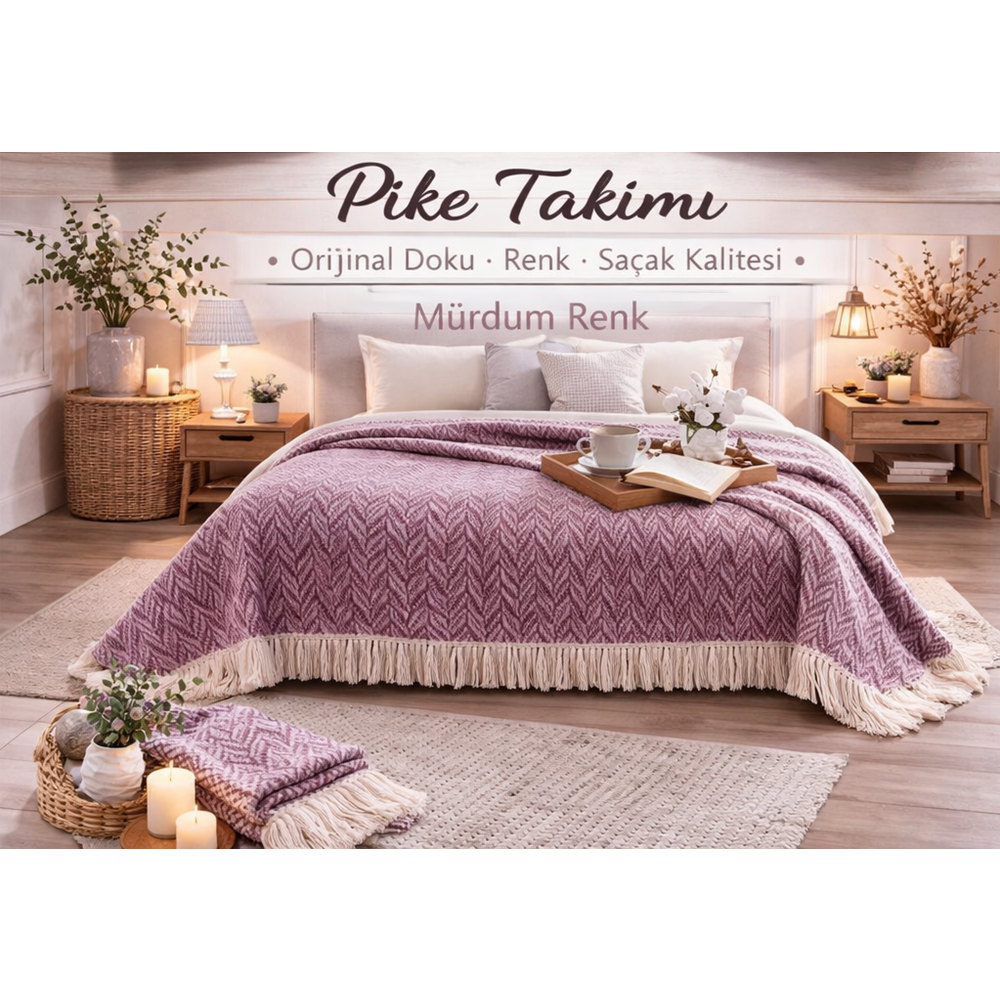 Amazon Ev Naturel Tek Kişilik Pike Takımı-mürdüm - Krem MT104