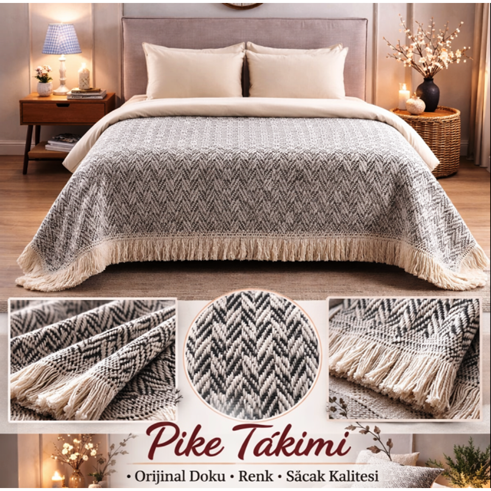 Amazon Ev Naturel Çift Kişilik Pike Takımı-Siyah Krem MT204