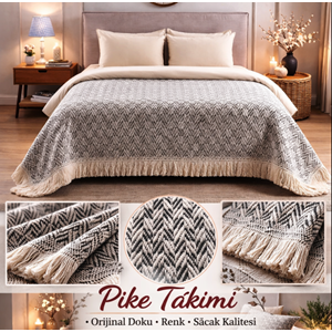 Amazon Ev Naturel Çift Kişilik Pike Takımı-Siyah Krem MT204