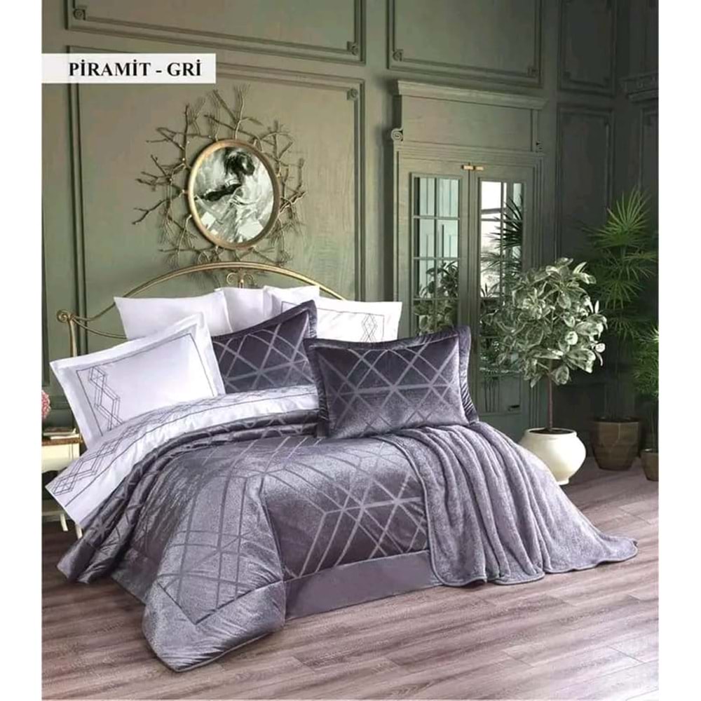Ecosse 10 Parça Çeyiz Seti (Battaniye+Nevresim Takımı+Yatak Örtüsü)-Piramit Gri
