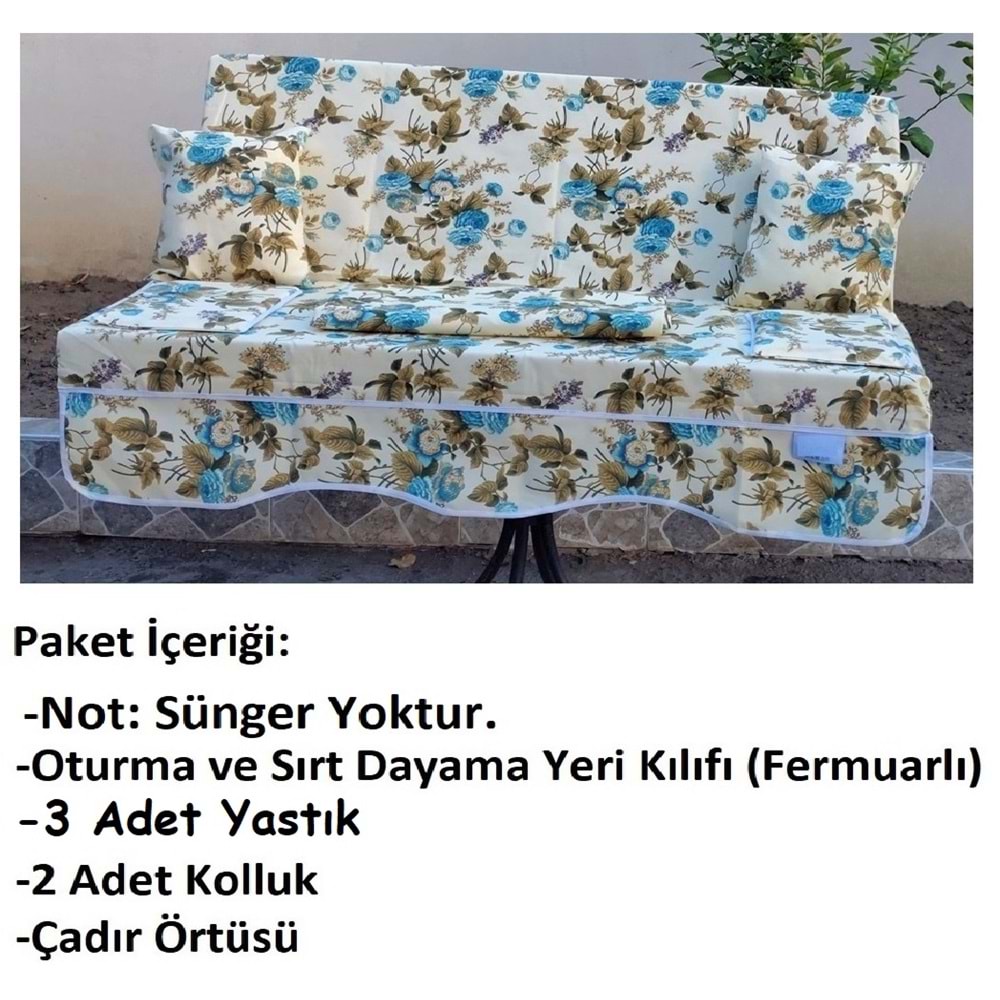 Süngersiz 3 Kişilik Salıncak Minder Seti (Pamuklu Kumaş)-İngiliz Gülü Mavi
