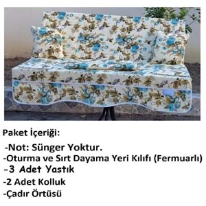 Süngersiz 3 Kişilik Salıncak Minder Seti (Pamuklu Kumaş)-İngiliz Gülü Mavi