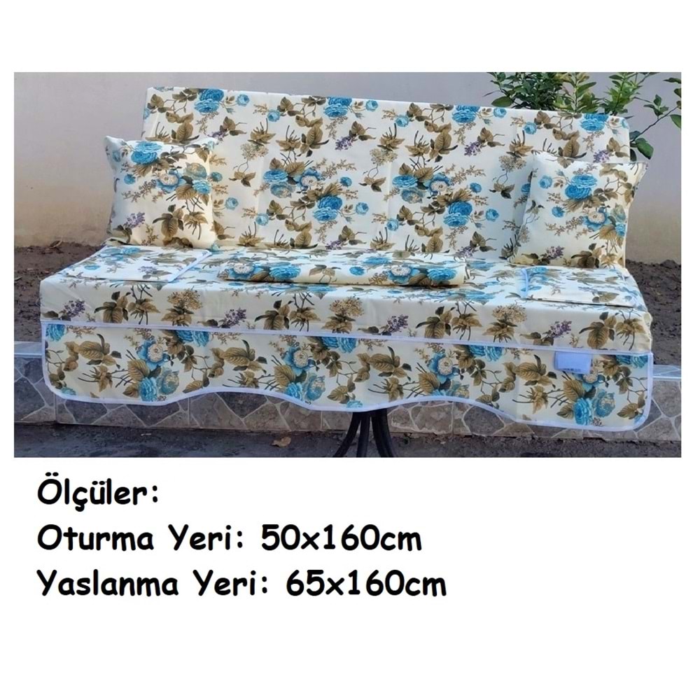 Süngersiz 3 Kişilik Salıncak Minder Seti (Pamuklu Kumaş)-İngiliz Gülü Mavi