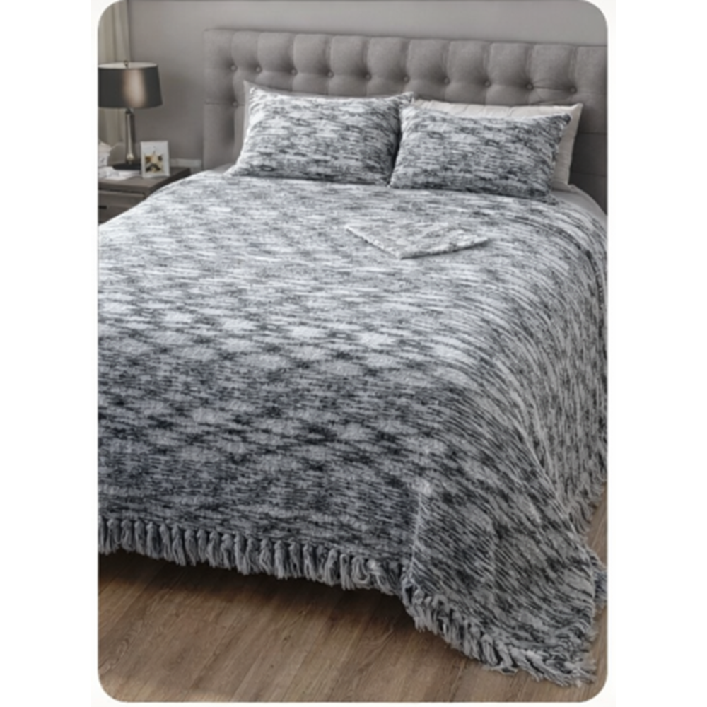 Tavşan Tüyü Peluş El Dokuma Yumuşak Dokulu Çift Kişilik Yatak Örtüsü (280x260)-Siyah Beyaz