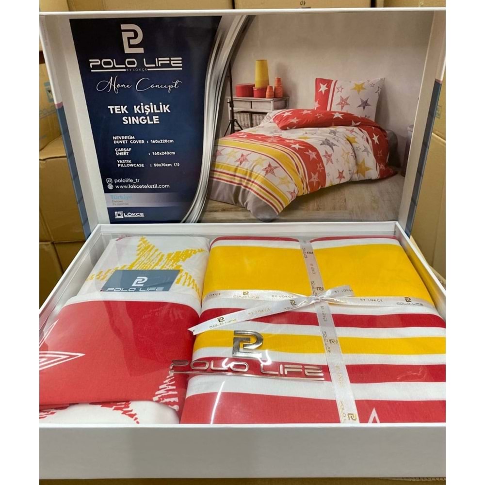 Polo Life Lüks Yıldız Desen Tek Kişilik Nevresim Takımı-GS Sarı Kırmızı