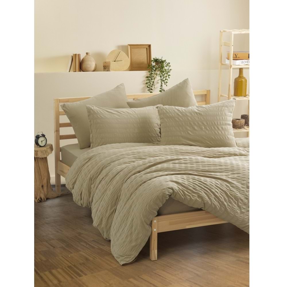 Cotton Box Crepe Lastikli Çarşaflı Lüks Penye Çift Kişilik Nevresim Takımı-Bej