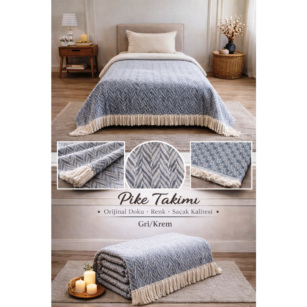 Amazon Ev Naturel Tek Kişilik Pike Takımı-Gri Krem MT109