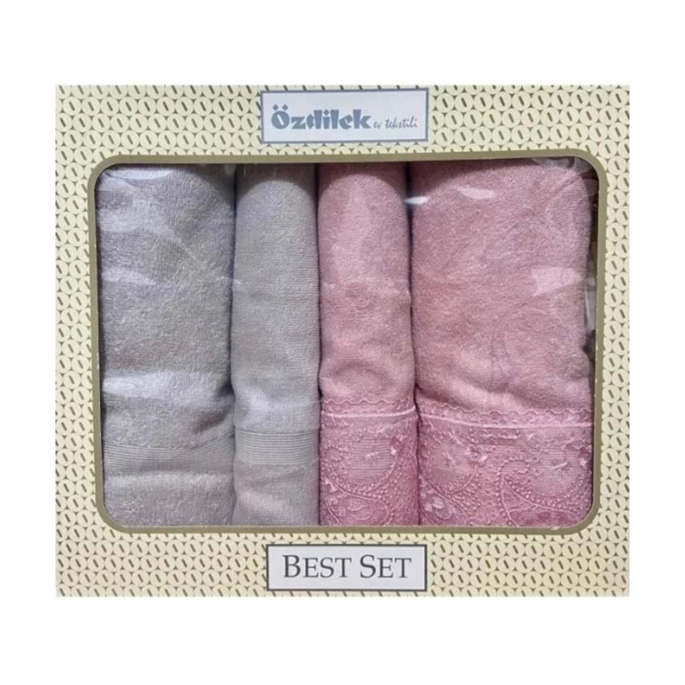 Özdilek 4 Parça Best Hamam Seti, Banyo Havlu Takımı-Fidelya A.Gri Pembe