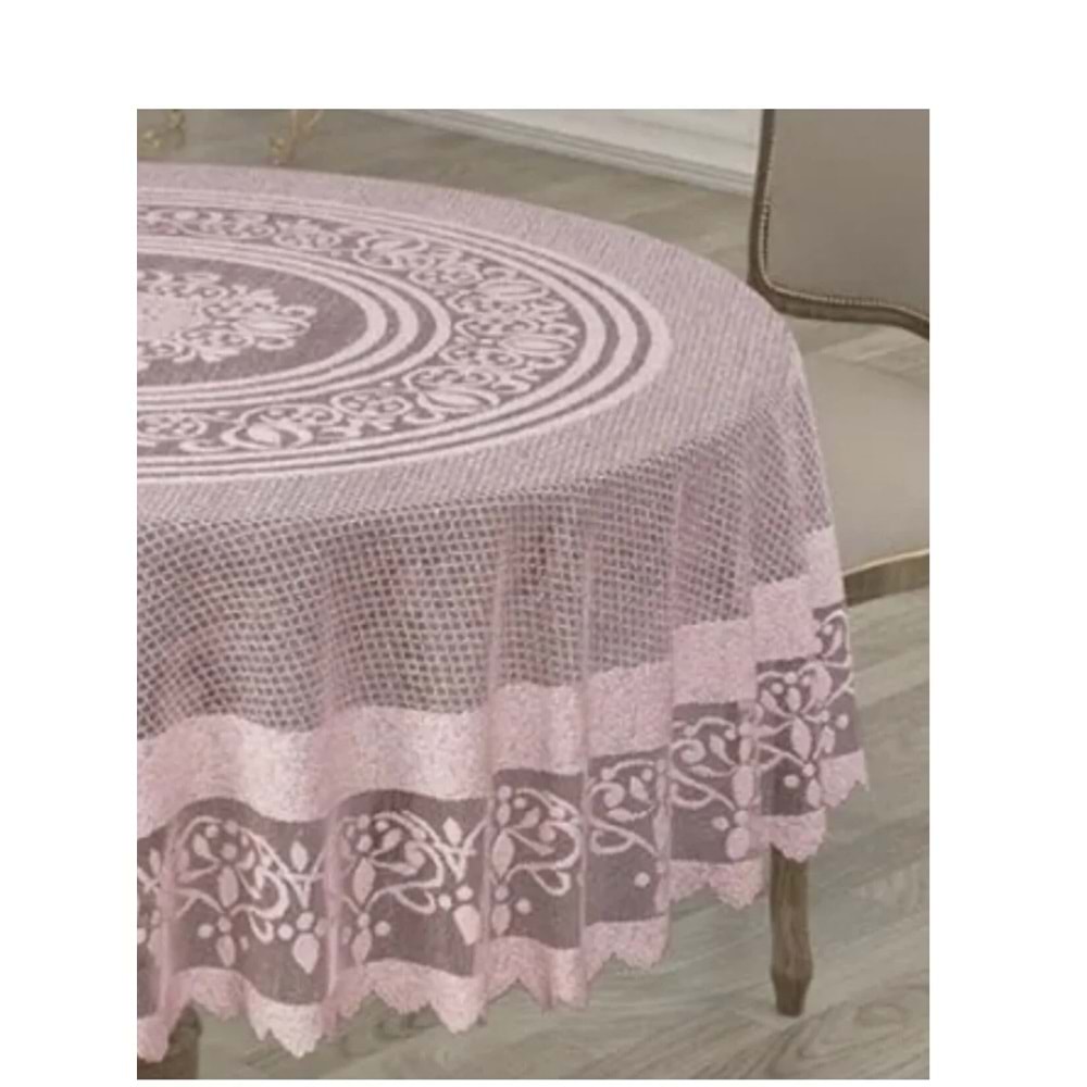 Bella Raşel Örme Tül Osmanlı Desen Yuvarlak Masa Örtüsü pembe