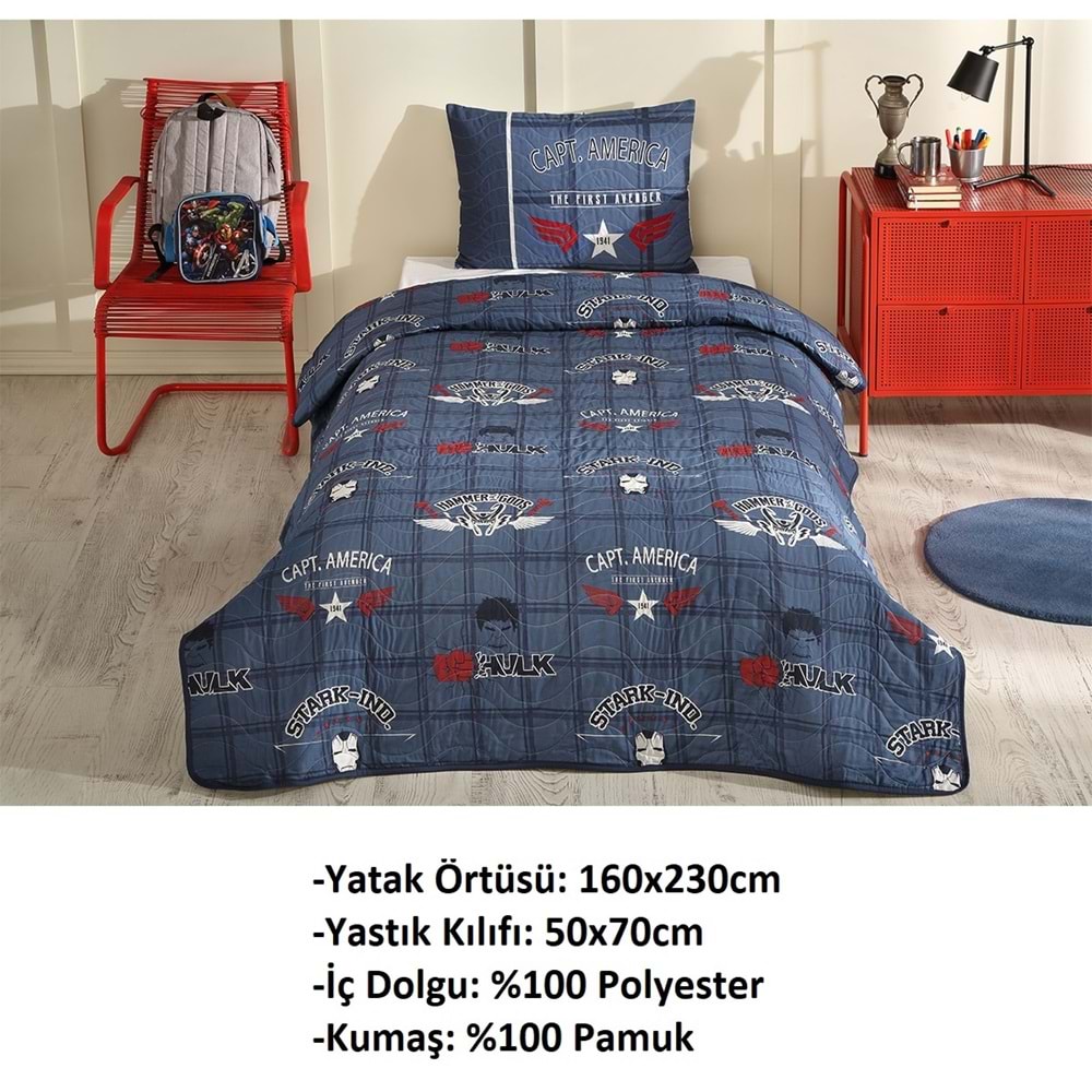 Özdilek Lisanslı Kapitoneli %100 Pamuk Tek Kişilik Çocuk Yatak Örtüsü (160x230)-Avengers Heroes Lacivert