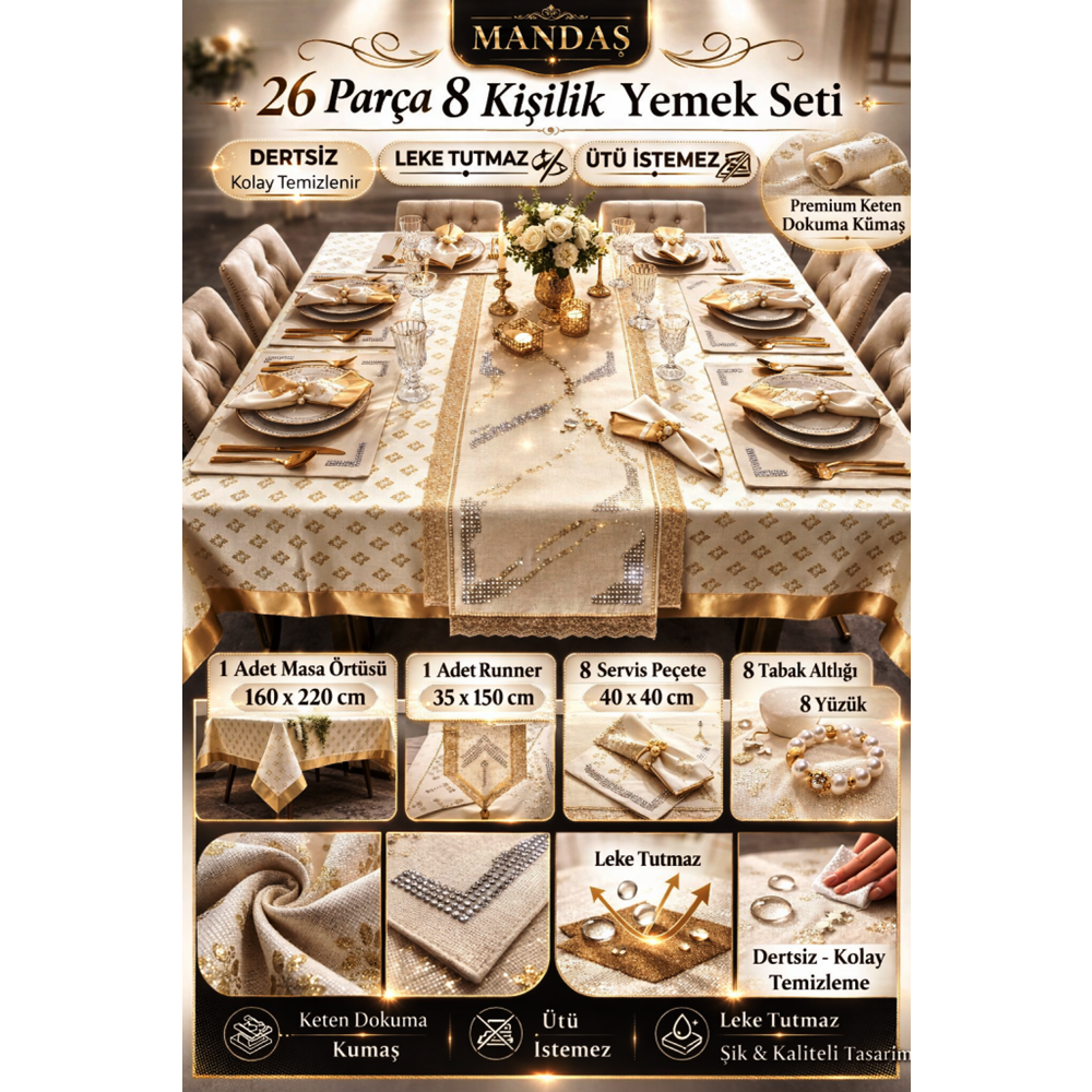 Mandaş Yemek seti 8 Kişilik deri runnerli yüzüklü 26 prç krem/ altın