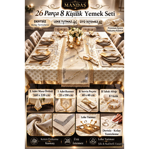 Mandaş Yemek seti 8 Kişilik deri runnerli yüzüklü 26 prç krem/ altın