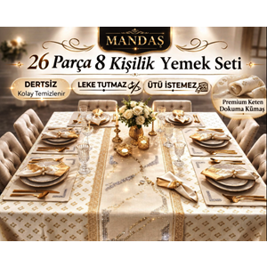 Mandaş Yemek seti 8 Kişilik deri runnerli yüzüklü 26 prç krem/ altın