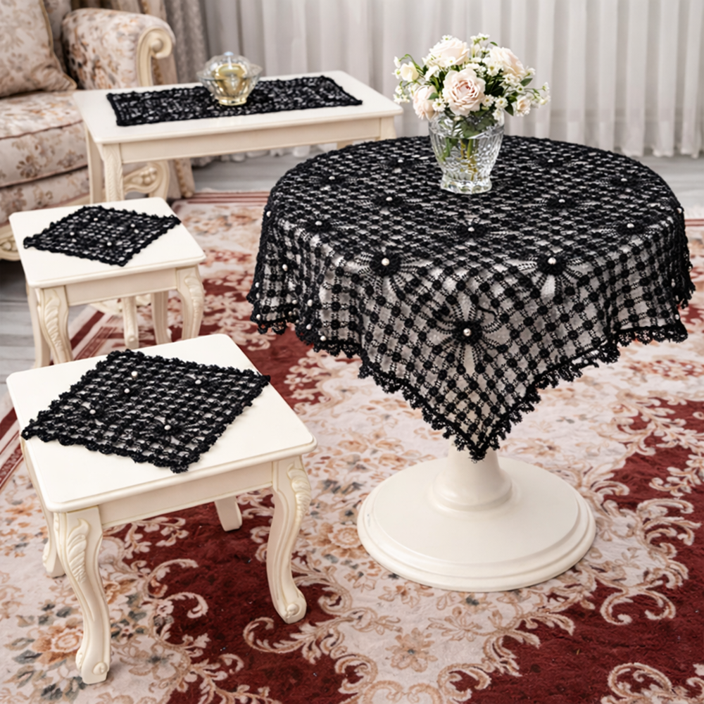 Mandaş Tığ işi El Örgü vitrin seti 4 parça siyah