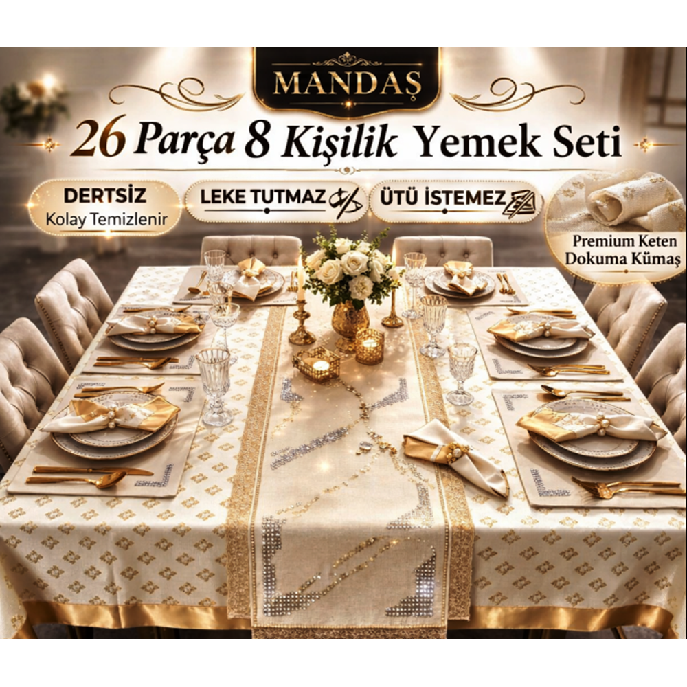 mandaş yemekteyiz yemek seti boncuk işlemeli 26 parça krem