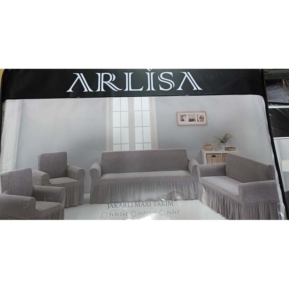 Arlisa jakarlı Kare Cizgili Etekli Maksi Koltuk Örtüsü 3+3+1+1 Naturel