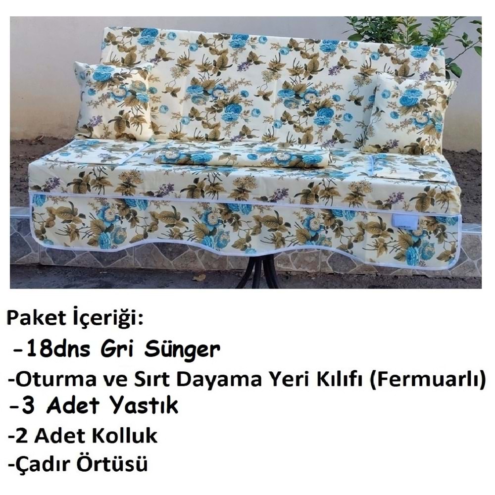 Süngerli 3 Kişilik Salıncak Minder Seti (Pamuklu Kumaş)-İngiliz Gülü Mavi
