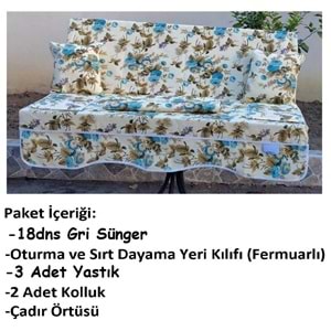 Süngerli 3 Kişilik Salıncak Minder Seti (Pamuklu Kumaş)-İngiliz Gülü Mavi