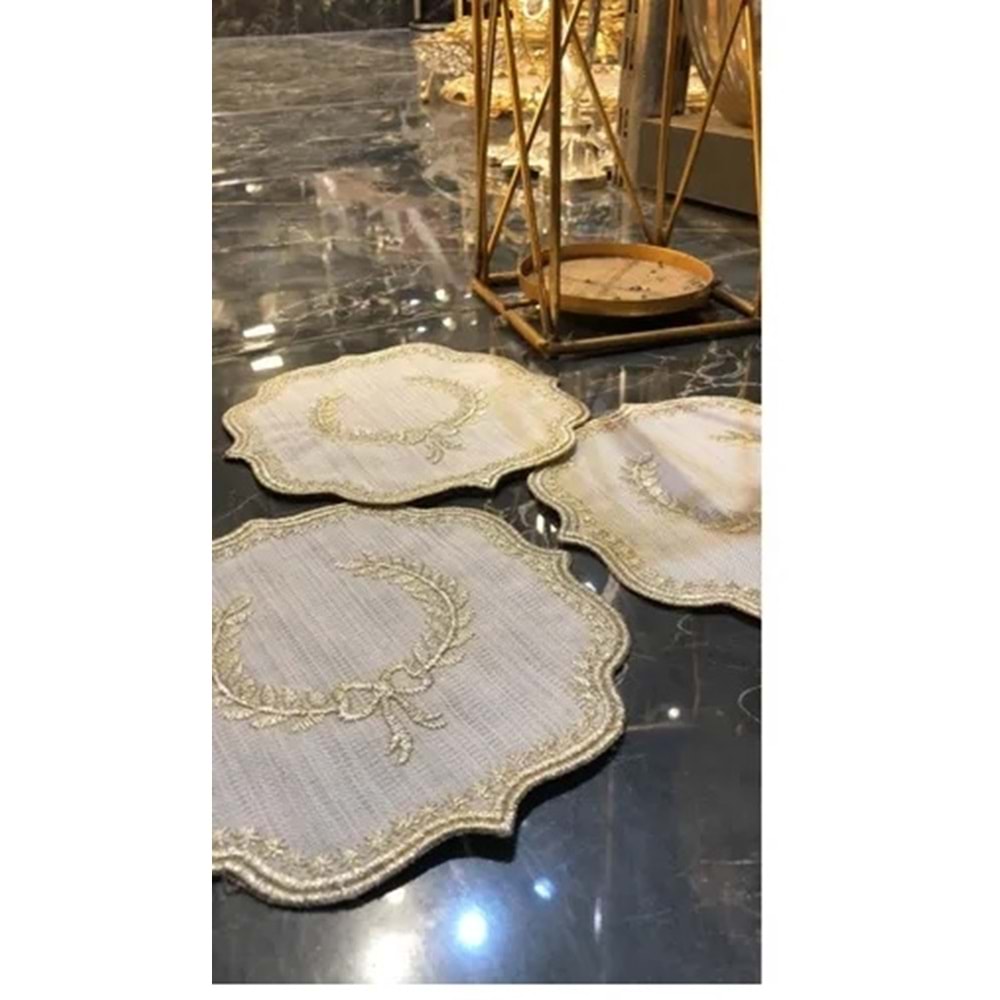 maraş işi tabak altlığı 6 lı paket simli gold zeytin dalı
