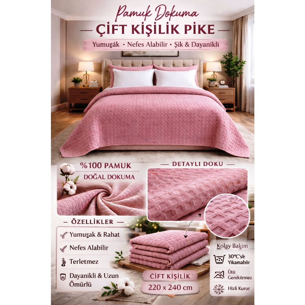 Şaheser %100 Pamuk Çift Kişilik Pike 240x220 (Tek Pike)-Pudra