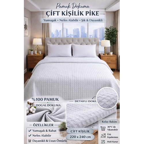 Şaheser %100 Pamuk Çift Kişilik Pike 240x220 (Tek Pike)-Beyaz