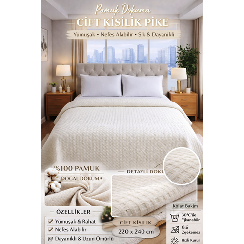 Şaheser %100 Pamuk Çift Kişilik Pike 240x220 (Tek Pike)-Krem