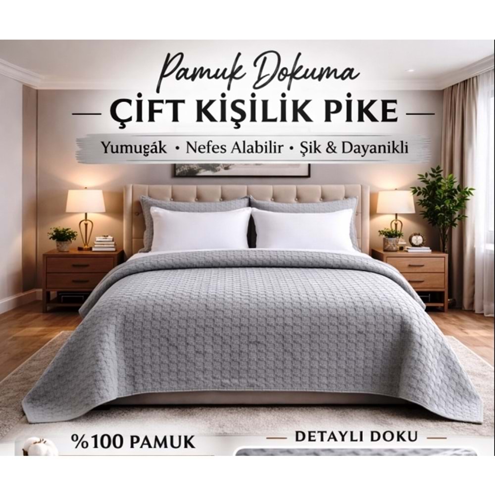 Şaheser %100 Pamuk Çift Kişilik Pike 240x220 (Tek Pike)-Gri v1