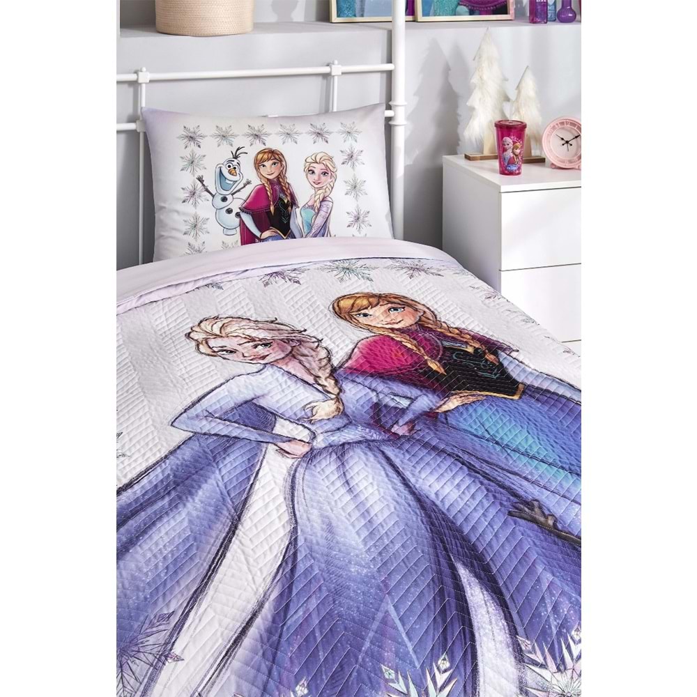 Özdilek Lisanslı Kapitoneli Tek Kişilik Dört Mevsim Nevresim Takımı Complete Set-Elsa Frozen Frosted Lila