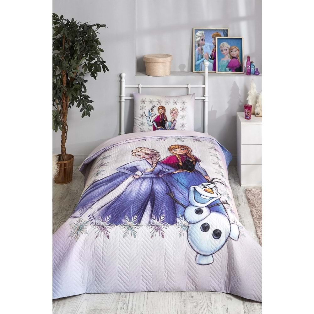 Özdilek Lisanslı Kapitoneli Tek Kişilik Dört Mevsim Nevresim Takımı Complete Set-Elsa Frozen Frosted Lila